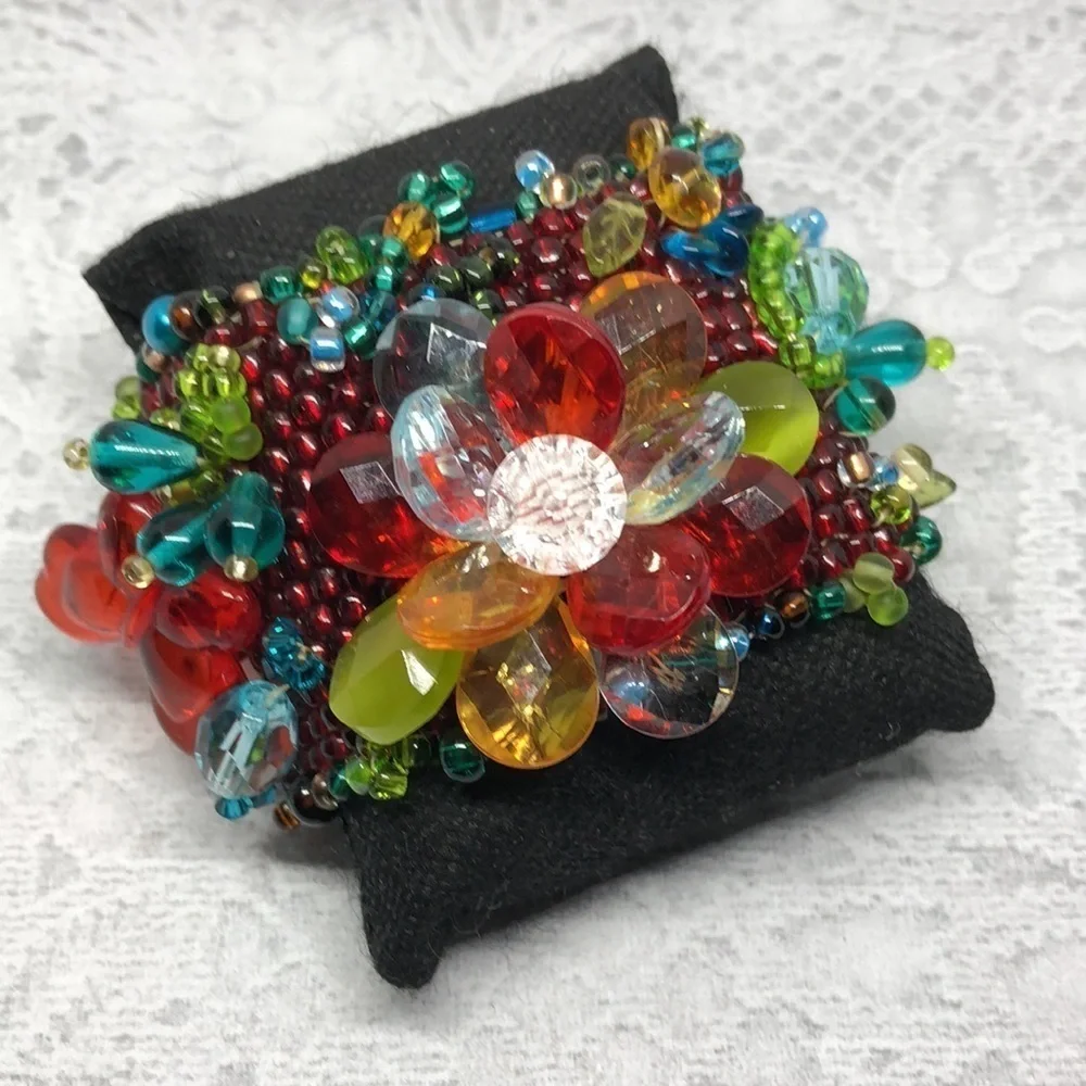 ARTISAN handmade flower glass cluster bead statement bracelet boho fairy fantasy